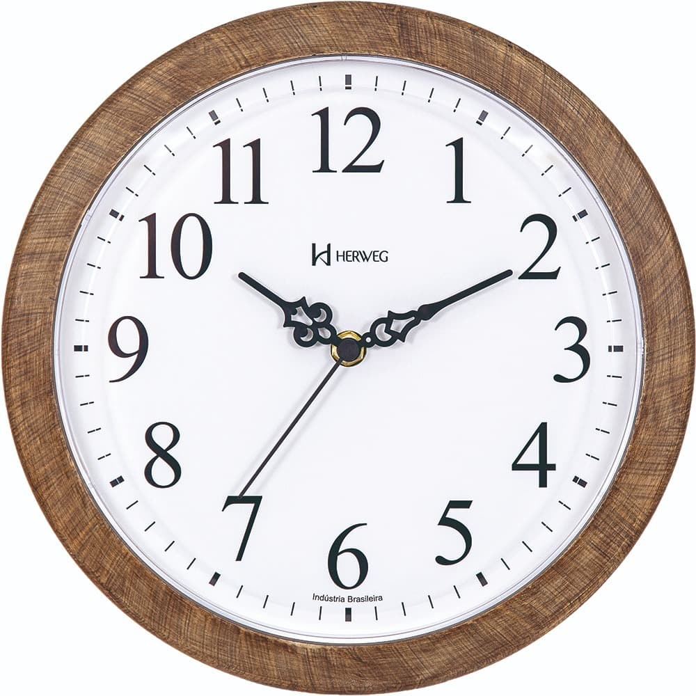 Relógio de parede Herweg 26cm, design clássico, cor mogano, mostrador branco, números pretos, moldura marrom de madeira
