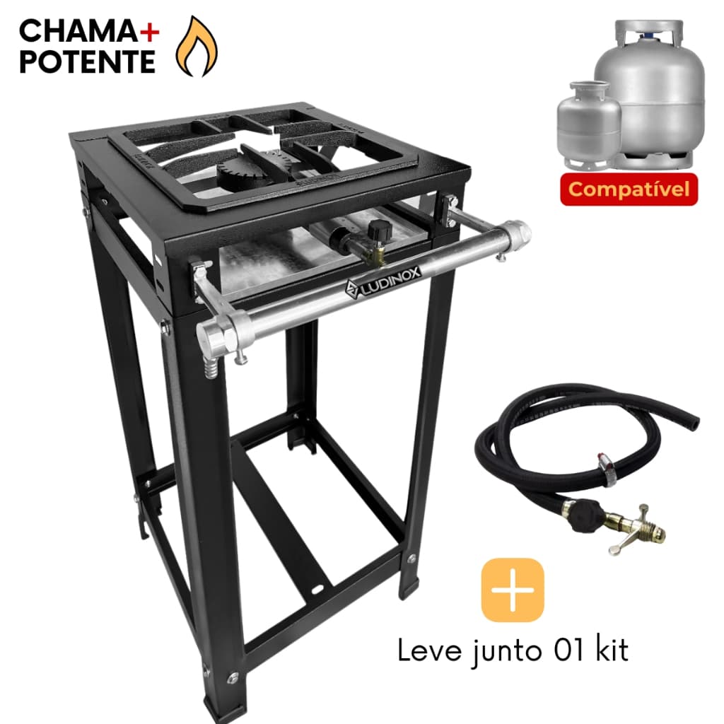 Fogão Industrial Alta Pressão 1 Boca Grelha 30x30 Fogareiro Camping com Pés + Registro e Mangueira
