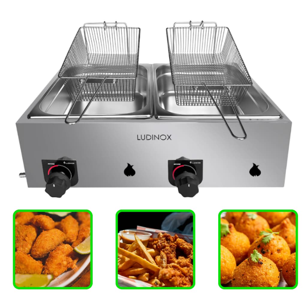 Fritadeira a gás industrial 10 litros 2 cubas aço inox com controles de temperatura