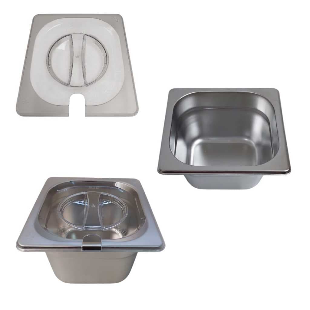 1 Cuba 1/6 100mm de Aço Inox Gastronômica Gn + 1 Tampa Policarbonato com abertura Colher