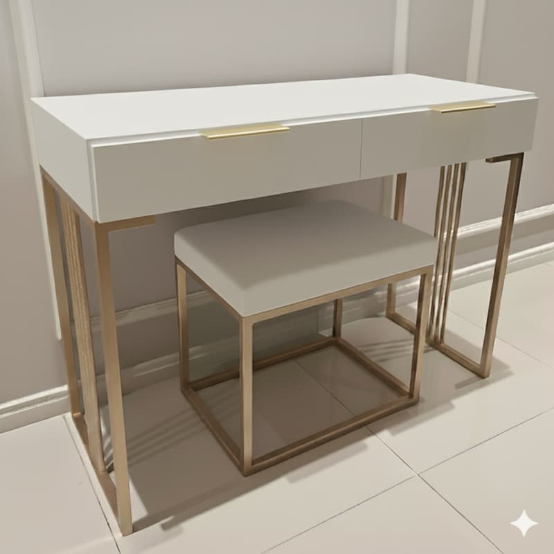 Penteadeira escrivaninha moderna branca 100% MDF com detalhes e estrutura metálica dourada/champagne LUXO no