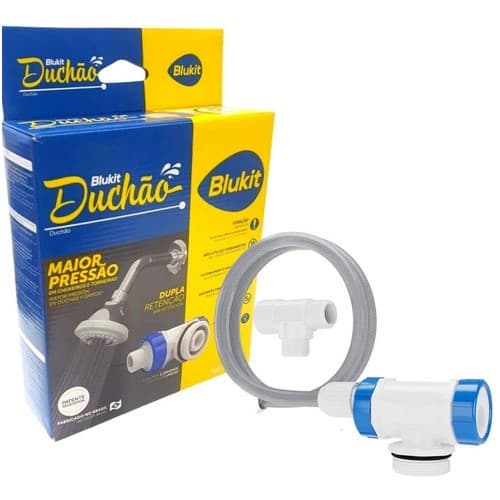Válvula Alternadora de Pressão Duchão Blukit em caixa azul e amarela