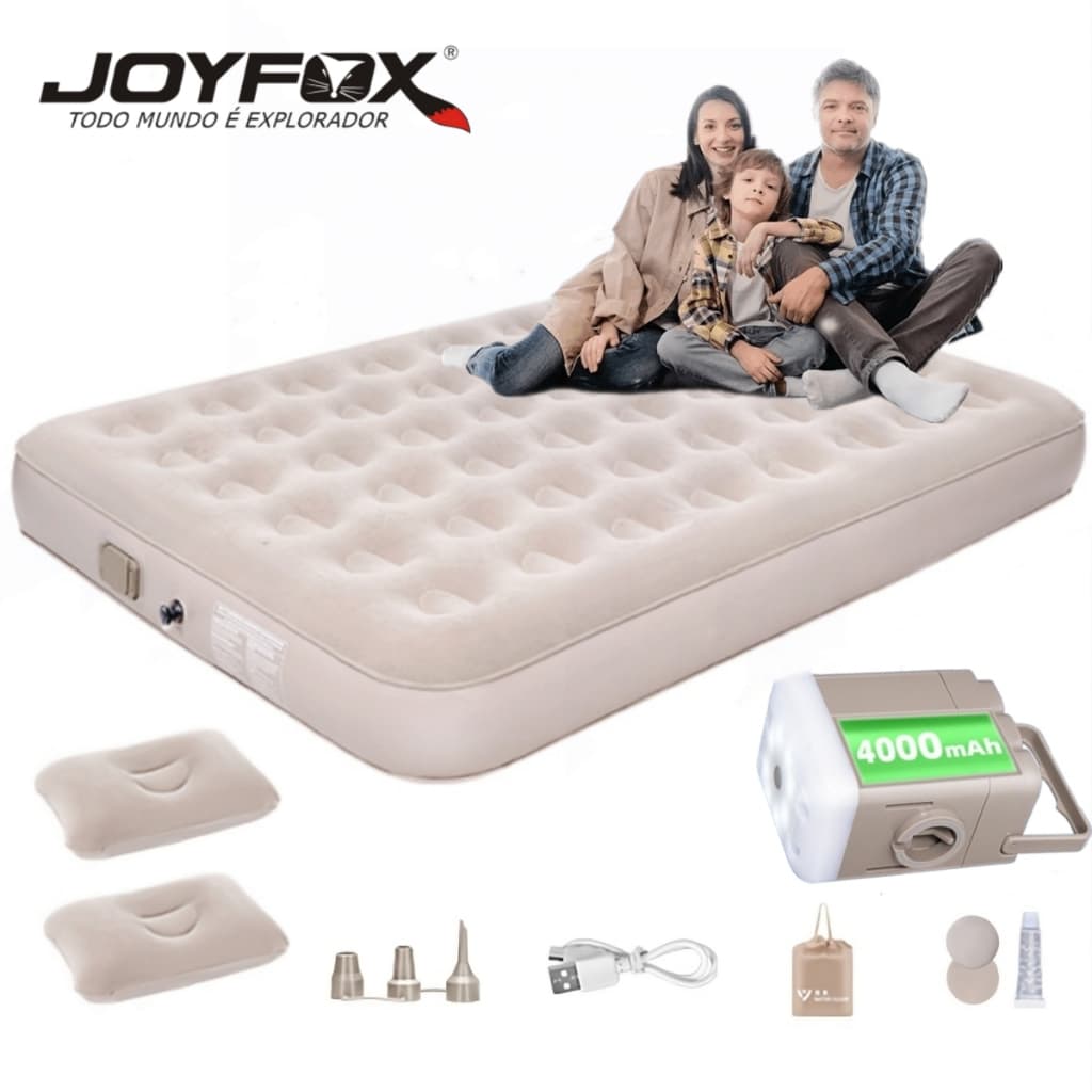 Colchão inflável JOYFOX tamanho queen com bomba de lítio removível e família sentada