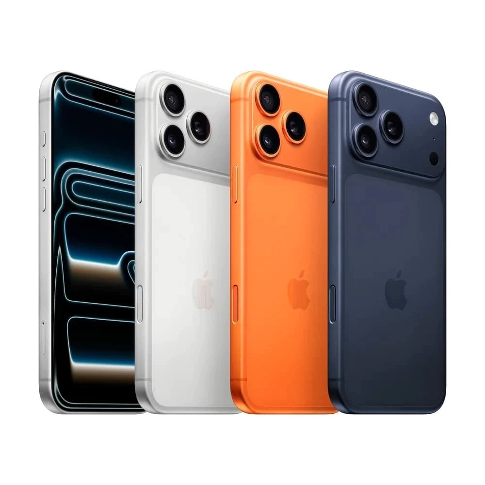iPhone 17 Pro e Pro Max em azul, laranja, branco e preto, mostrando a parte traseira com câmeras e logotipo da Apple