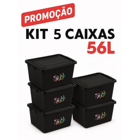 Kit 5 caixas organizadoras pretas com tampa e trava 56L