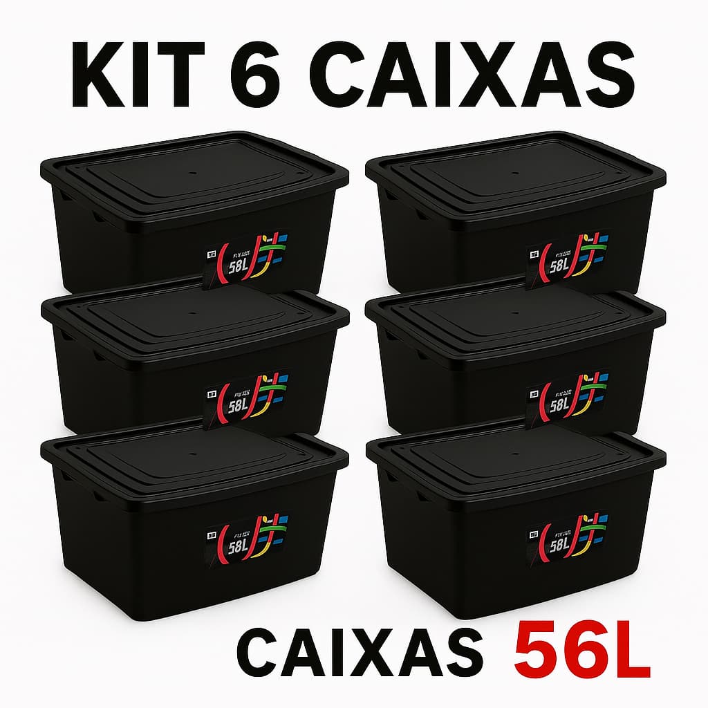 Kit 6 caixas organizadoras pretas com tampa e trava 56L com logotipo multicolorido