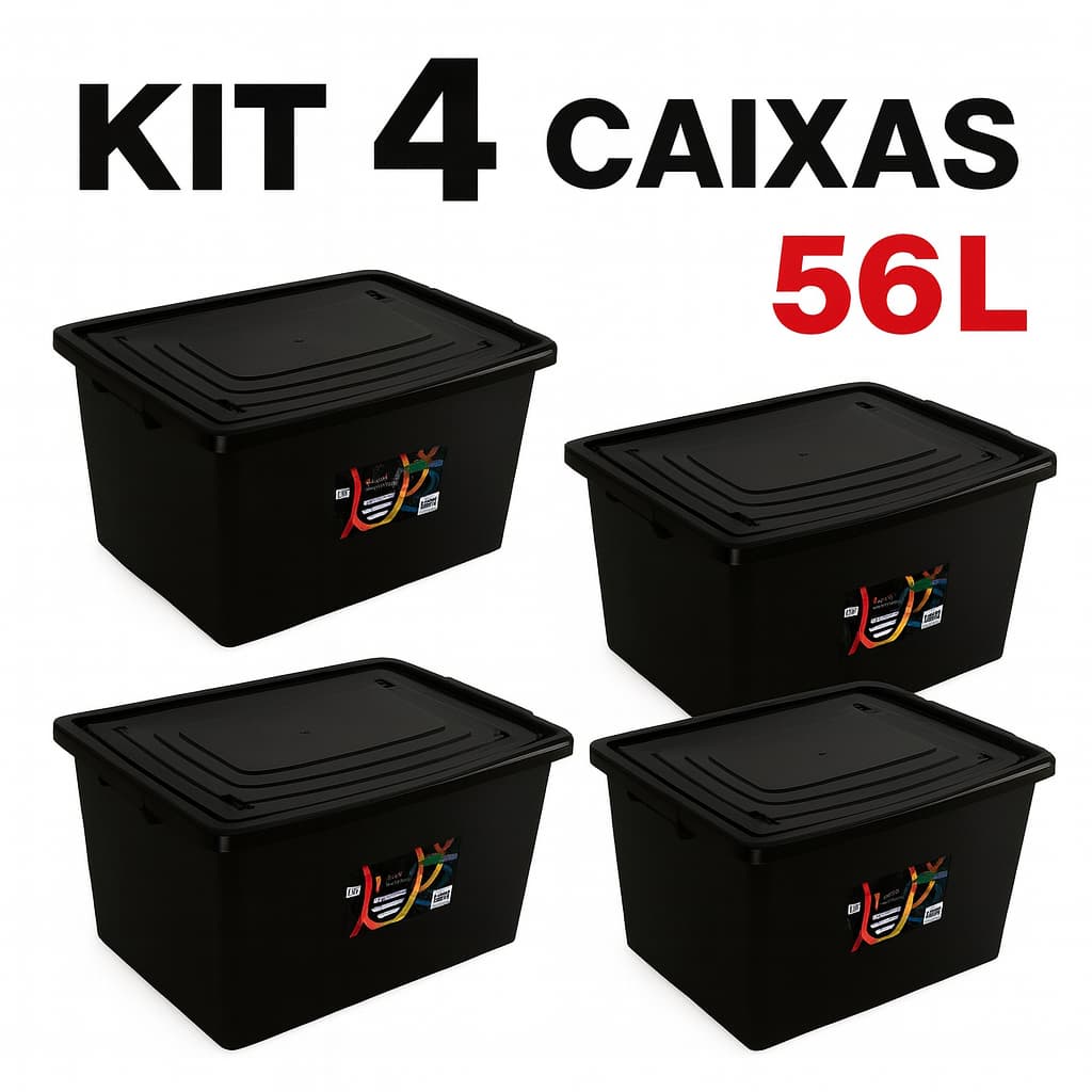 Kit 4 caixas organizadoras com tampa e trava 56L pretas TOY