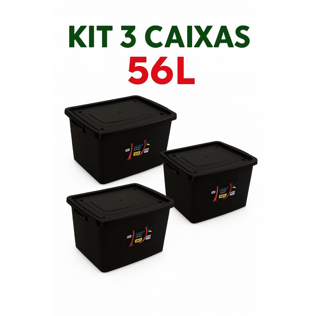Kit 3 caixas organizadoras com tampa e trava 56 litros preta TOY
