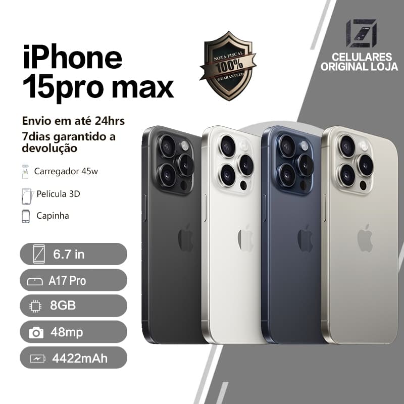 Anúncio do iPhone 15 Pro Max com modelos em preto, prata, ouro e azul, destacando características e informações.