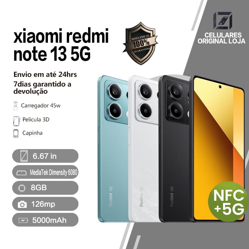 Xiaomi Redmi Note 13 5G 8GB + 128/256GB Dual Sim Original ROM Câmera 108MP