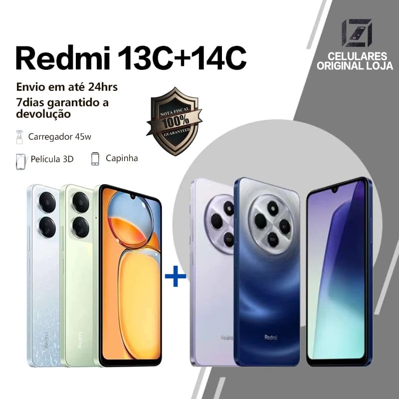 Xiaomi Redmi 13C e 14C com diferentes cores e informações de envio e garantia.