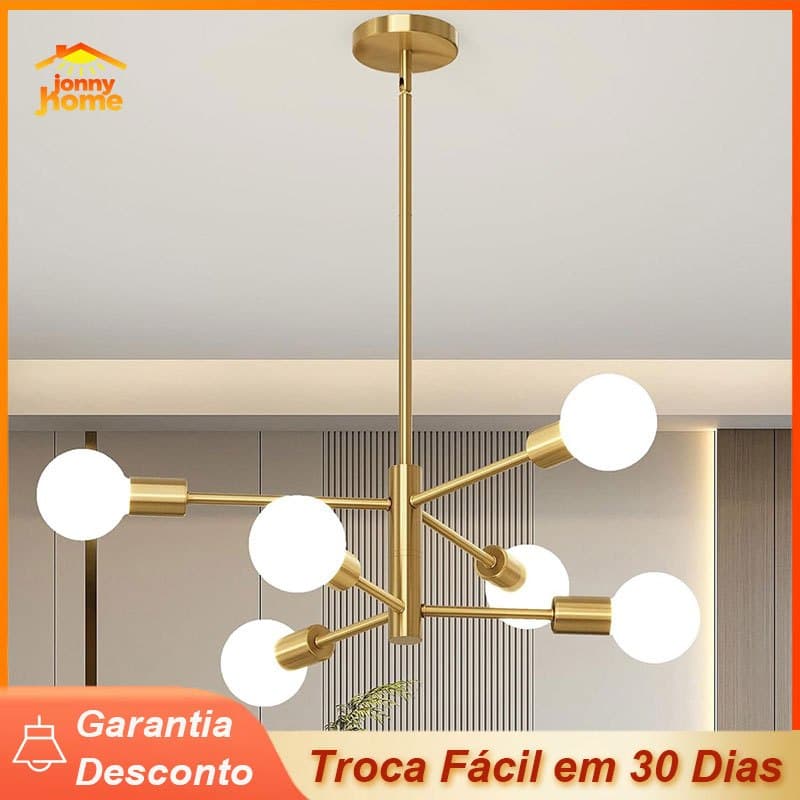 Luminária de teto moderna com seis braços em metal dourado, esferas de vidro translúcidas, fácil instalação e altura ajustável.