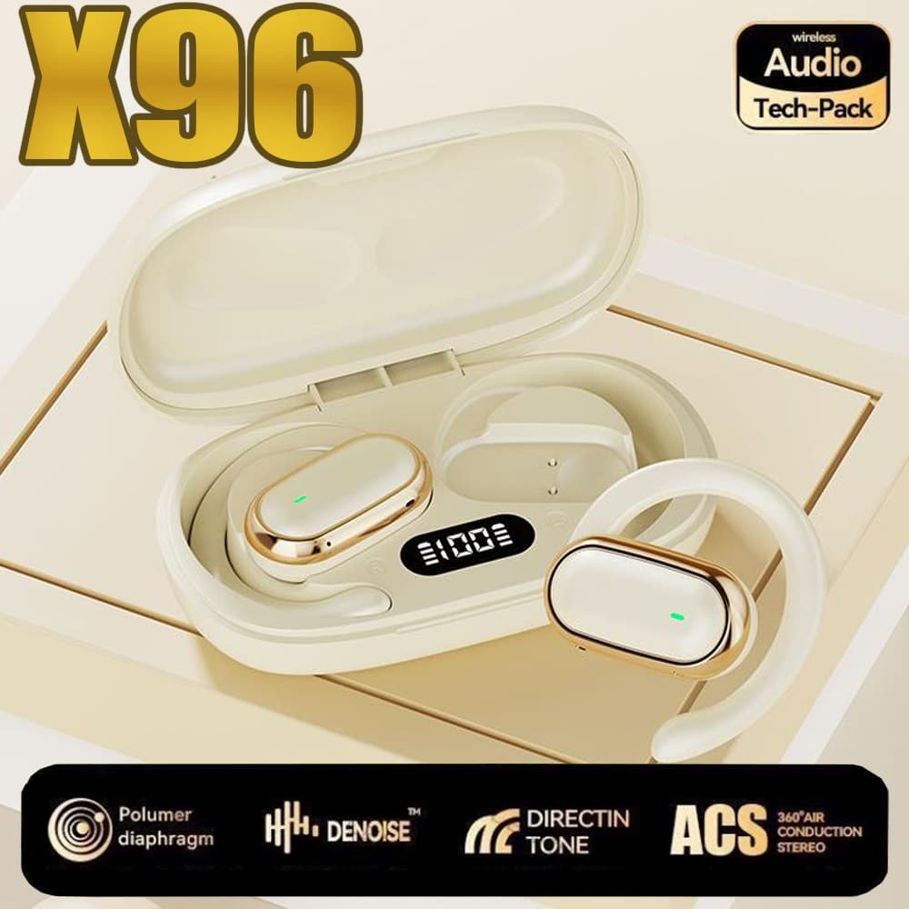Fones de ouvido sem fio X96 em estojo branco aberto com acabamento em ouro e branco
