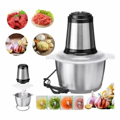 Moedor elétrico 2L e 3L, aço inoxidável, com acessórios e exemplos de alimentos processados
