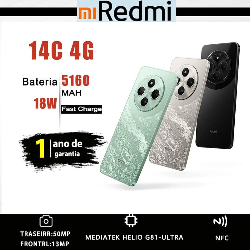 Xiaomi original redmi 14C 4G 4/128GB/8/256GB Novo Bateria 5160mAh Carregamento 18W Versão Global