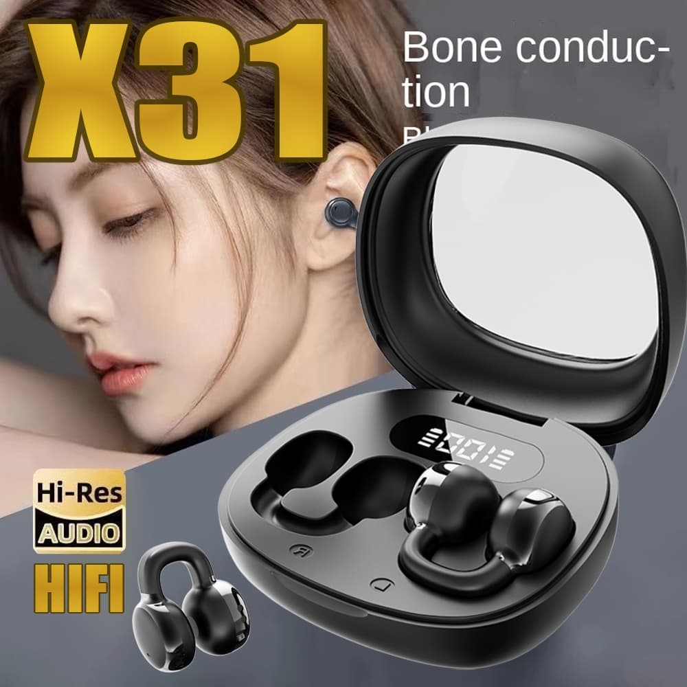 Fone de ouvido sem fio Bluetooth X31 em preto com clipe de ouvido e design ergonômico