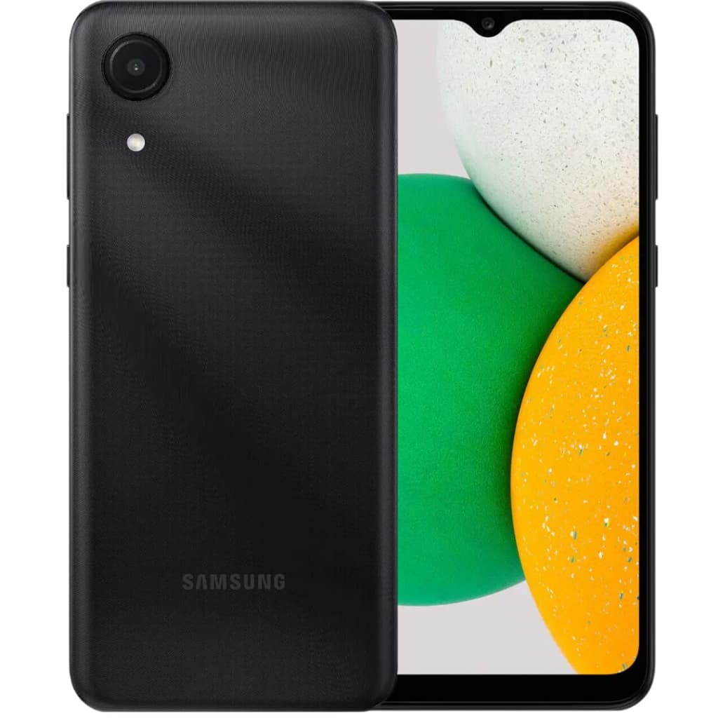 Imagem lateral do Samsung Galaxy A03 Core 32GB em preto com câmera traseira e logotipo da Samsung visível.