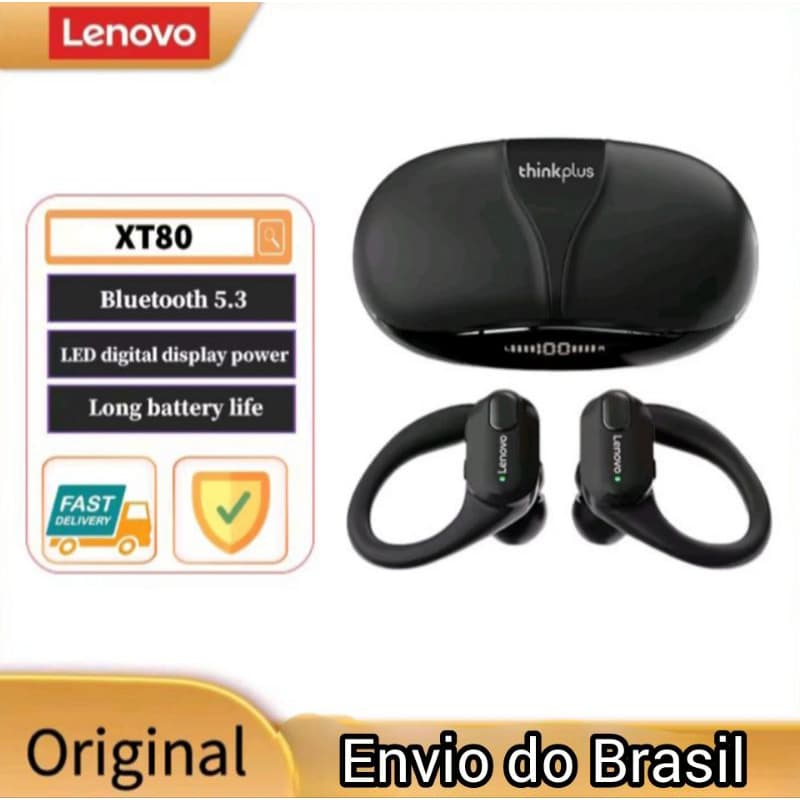Fone de ouvido gamer Lenovo XT80 Thinkplus Bluetooth 5.3 com caixa de carregamento preta