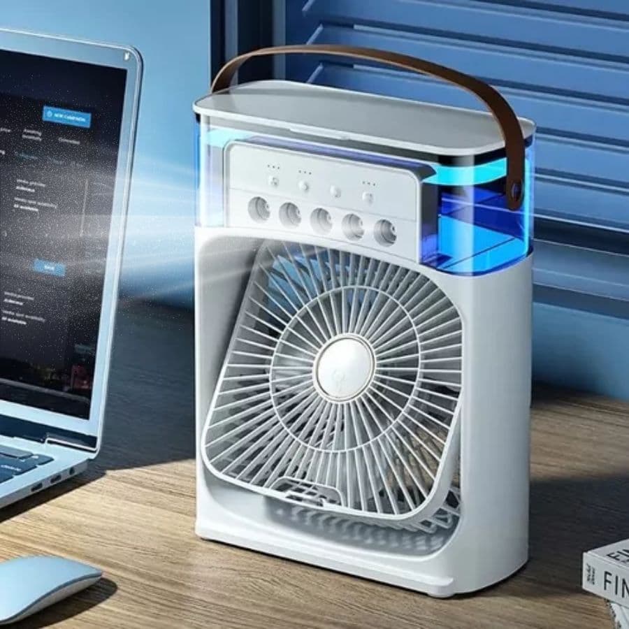 Refrigerador de ar portátil com ventilador, umidificador e LED, branco, entrada USB tipo C