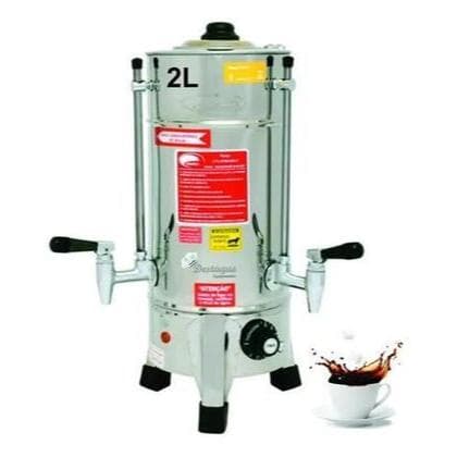 Cafeteira Elétrica 2 Litros Tradicional Consercaf - 220V em aço inoxidável com bicos e botão de controle, etiquetas informativas, fundo branco.