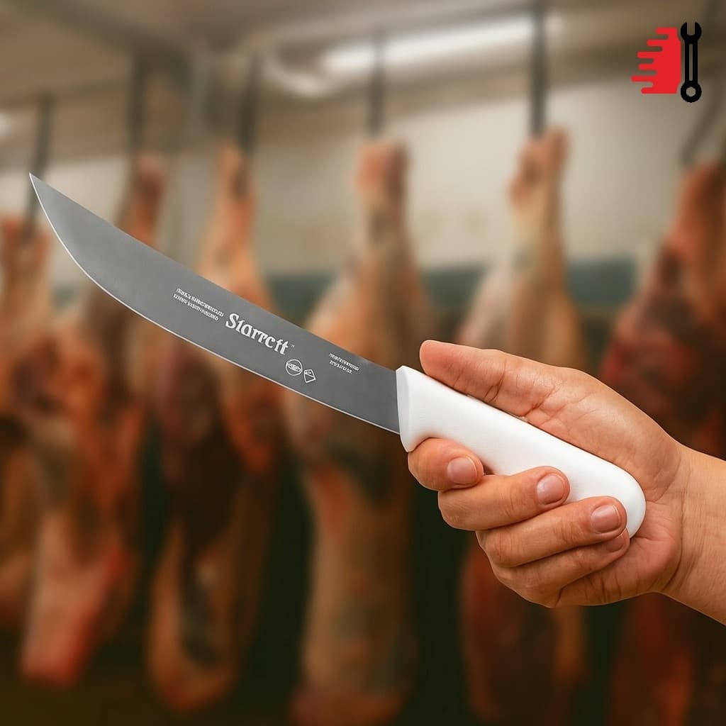 Faca para carne lâmina curva larga 25cm branca Starrett com detalhes em cinza