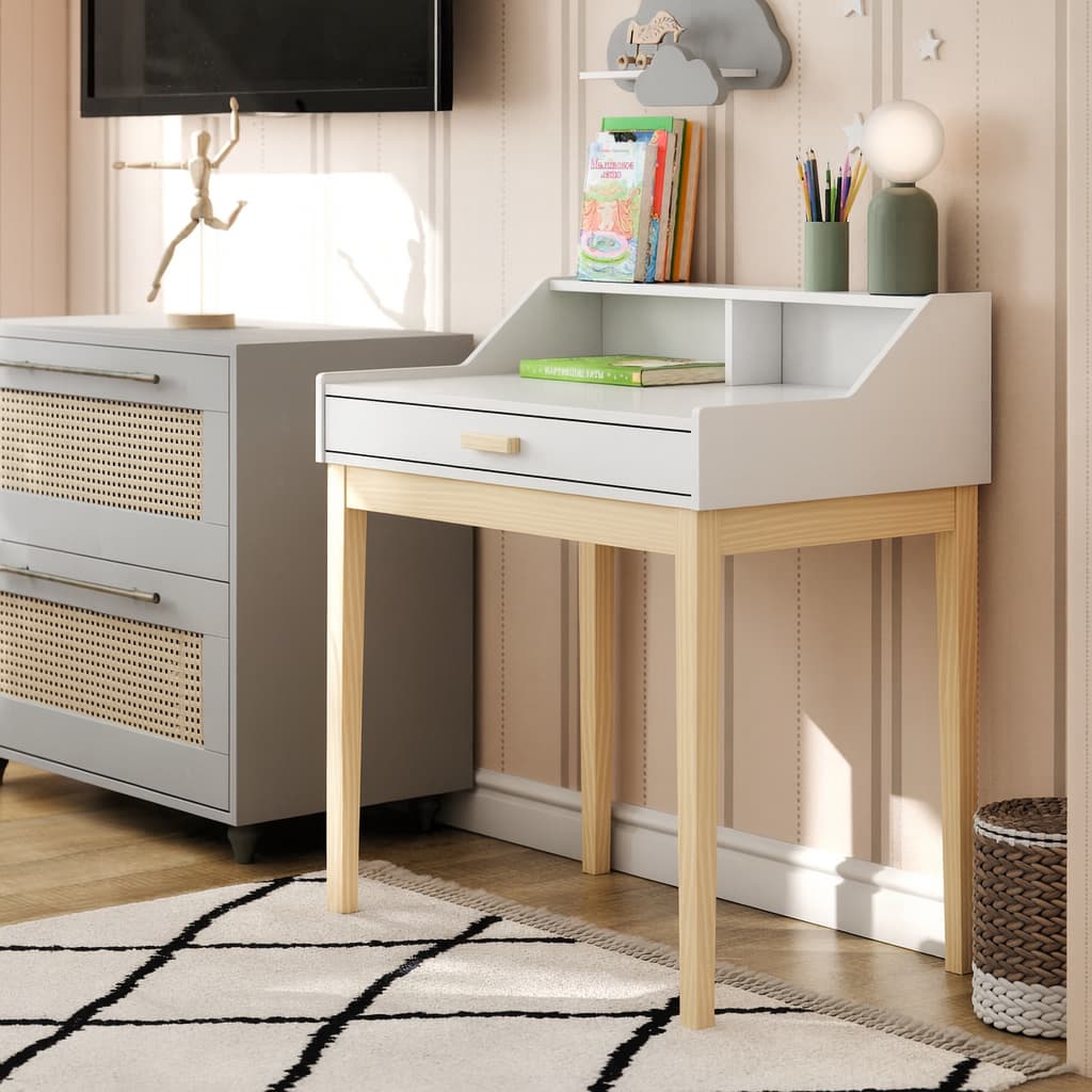 Mesa De Estudo Infantil Escrivaninha Com Gaveta MDF Pés De Madeira natural Para Quarto Classico