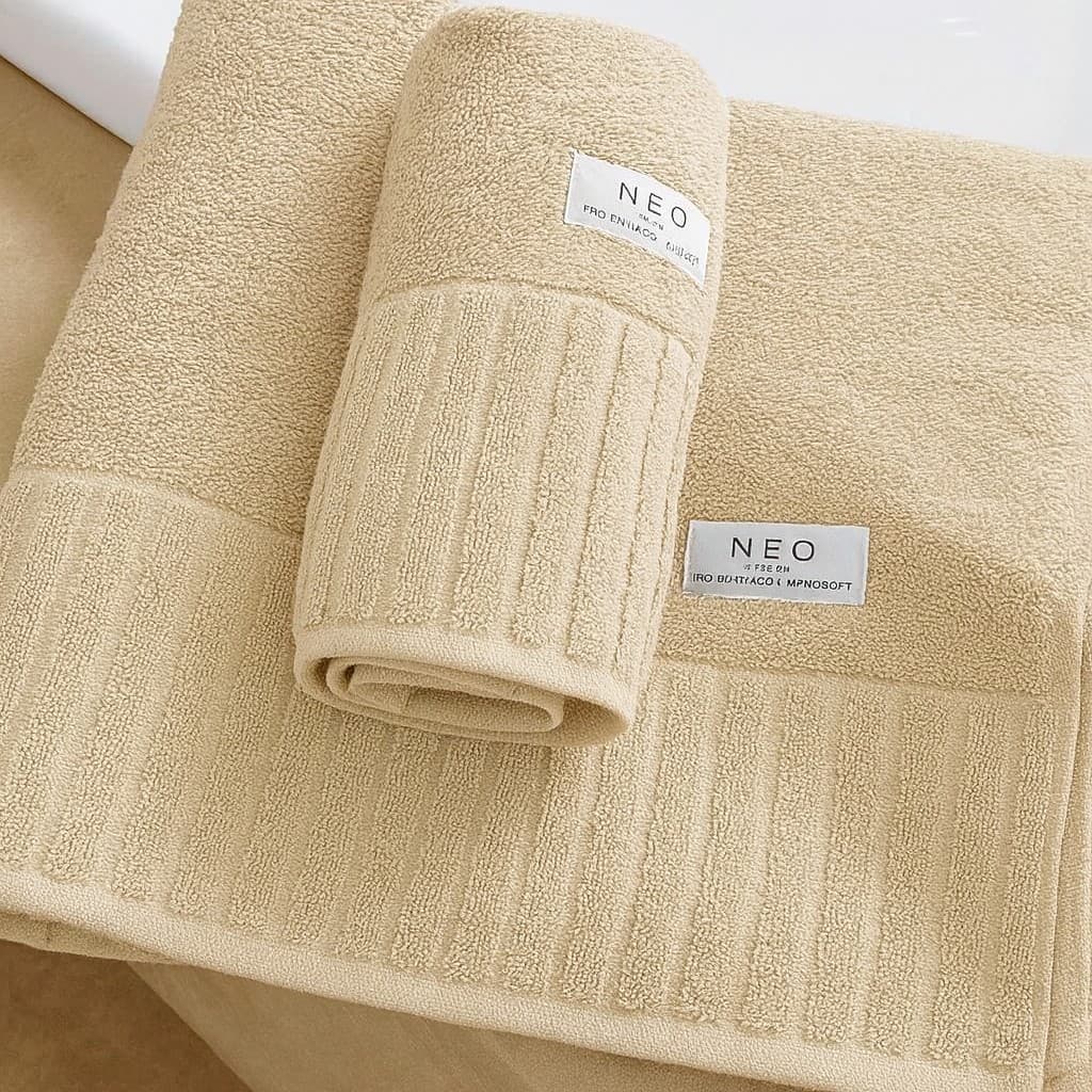 Toalha de banho bege com tecnologia Nanosoft, dobrada com rótulo branco.