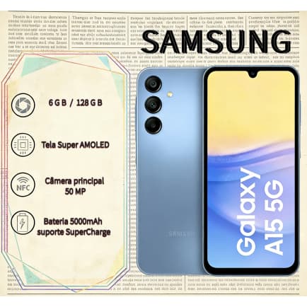Smartphone Samsung Galaxy A15 5G 128GB, 4GB RAM, Câm. Tripla 50MP, Tela 6.5