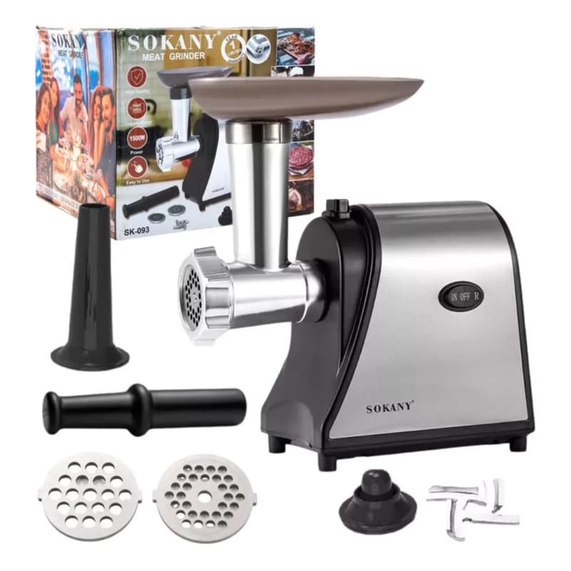 Máquina moedor de carne elétrica Sokany 500W-1500W, com acessórios, em fundo branco