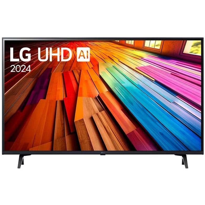 Smart TV 4K 43' LG UHD 43UT8000 com tela multicolorida exibindo texto LG UHD AI 2024