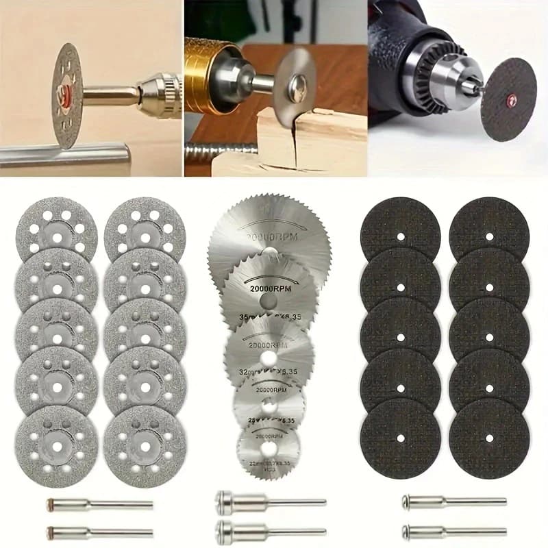 Conjunto de discos de serra circular e brocas parafusadeiras para madeira e metal