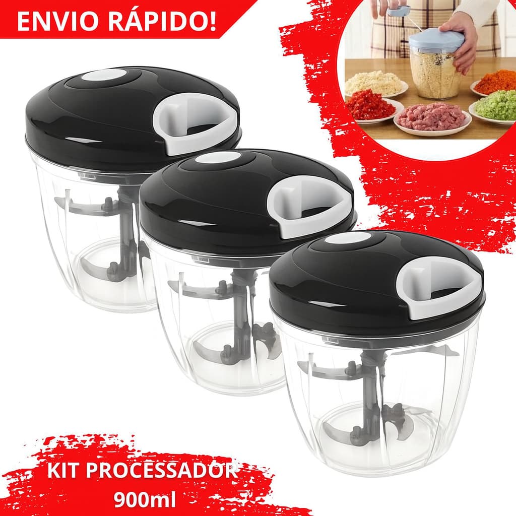 Processador e triturador manual de alimentos com 3 e 5 lâminas, capacidades 170ml, 500ml e 900ml, preto e branco