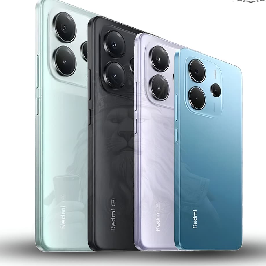 Xiaomi Redmi Note 14 4G, três versões: transparente, preto e azul claro, com câmera quadrada de quatro lentes e logo 'Redmi'.