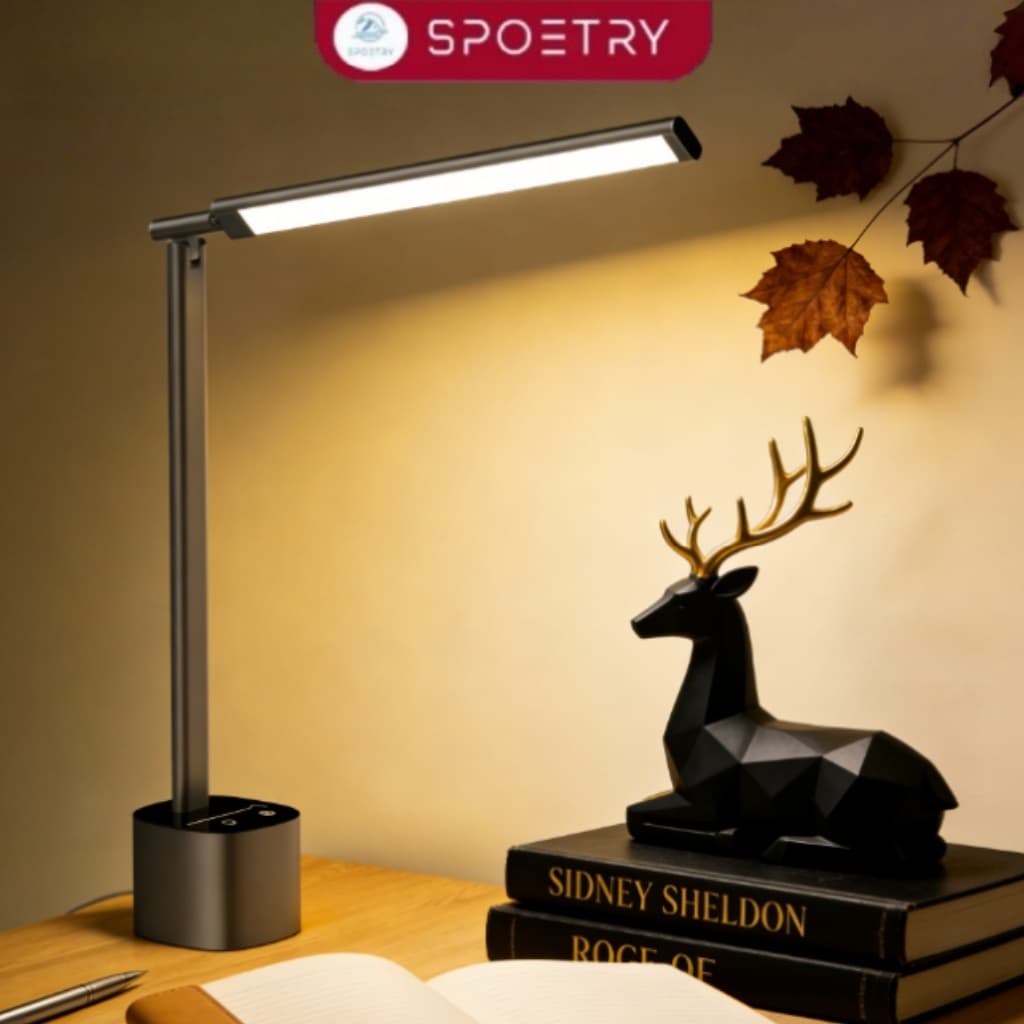 Luminária de mesa LED dobrável cinza para escritório com iluminação brilhante