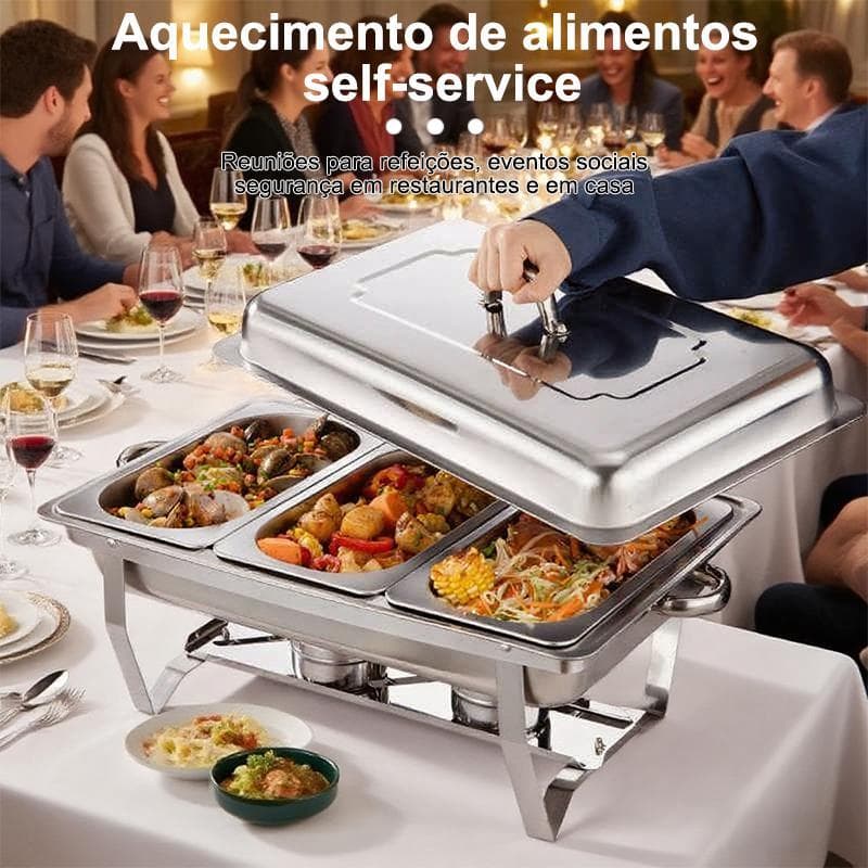 Rechaud de aço inoxidável com três divisões para aquecimento de alimentos em jantar