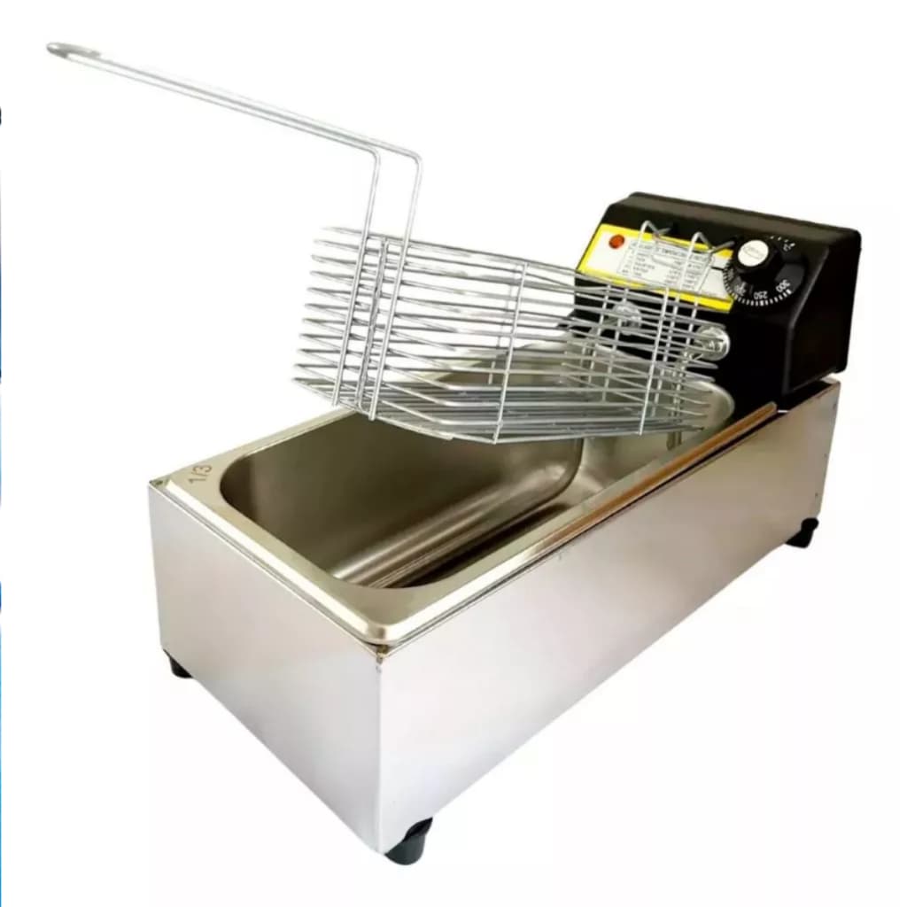 Fritadeira Elétrica Industrial 3L em Aço Inox Cuba Profissional com Termostato e Cesto para Pastel e Batata
