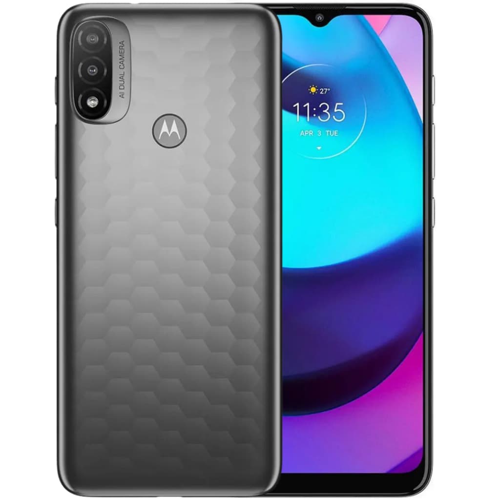 Smartphone Motorola Moto E20 32GB cinza com textura hexagonal, logotipo Motorola e interface Android