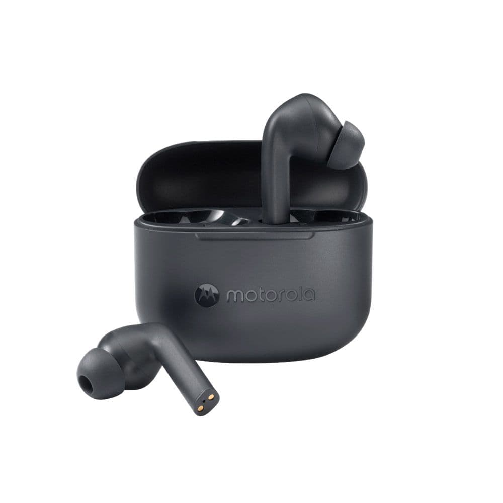Fone de ouvido Bluetooth Motorola Moto Buds 65 Tws, totalmente preto, com estojo de carregamento.
