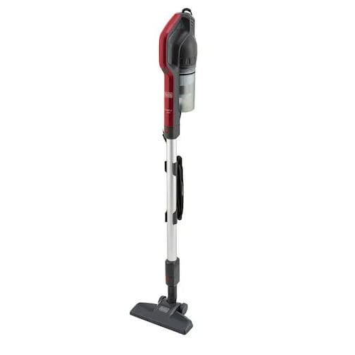 Aspirador de pó vertical vermelho e preto, 2 em 1, contra fundo branco