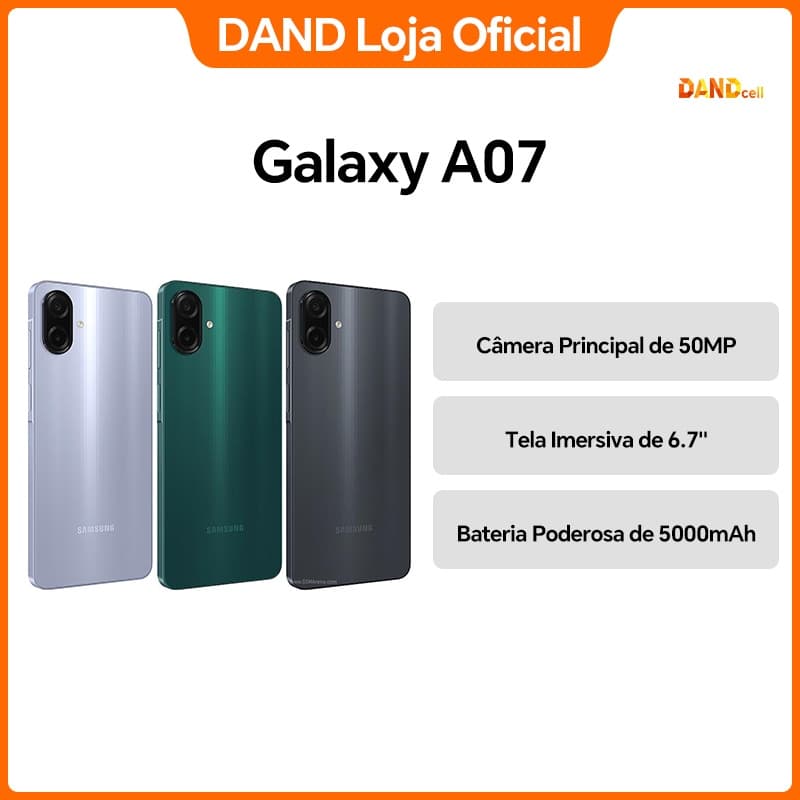Celular Samsung Galaxy A07 em três cores: prata, verde e preto, com especificações destacadas.