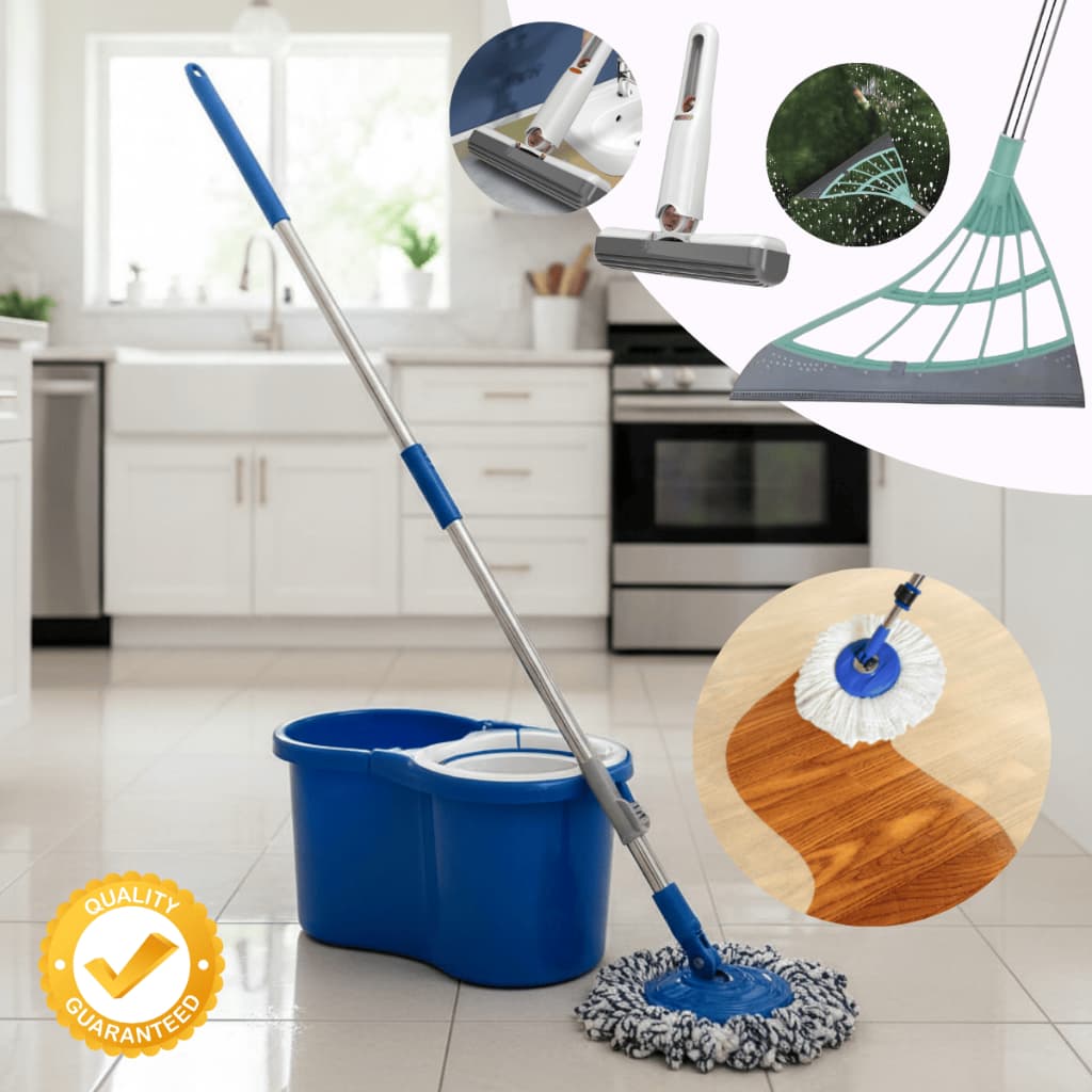 Mop Giratório 360 Lava Seca Profissional + Rodo Silicone + Mini Mop Rodinho Multiuso