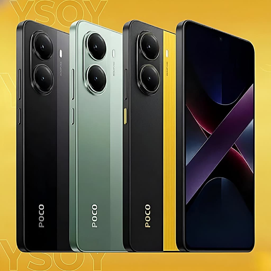 Smartphone Poco X7 Pro em quatro cores: preto, verde, preto com detalhes amarelos e preto com detalhes vermelhos
