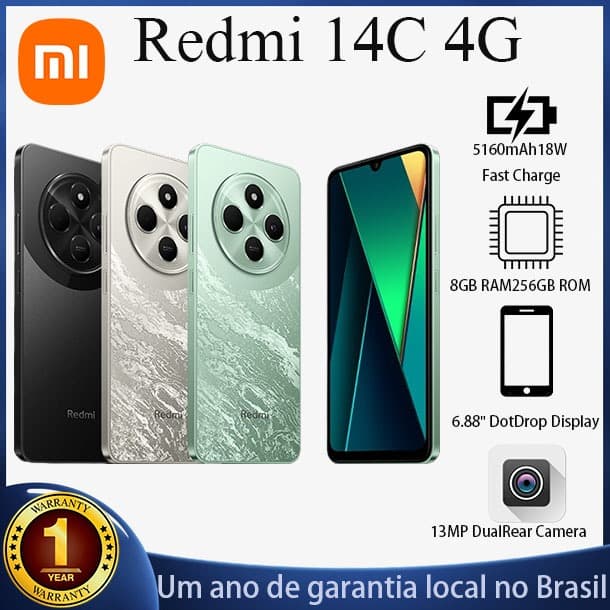 Promoção do smartphone Xiaomi Redmi 14C 4G com 8GB RAM, 256GB ROM e bateria de 5160mAh