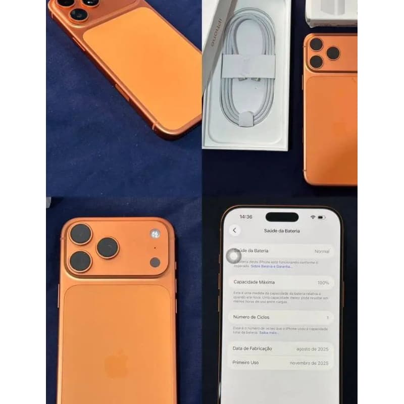 iPhone 17 Pro Max 512gb cor laranja, vista traseira, frontal e tela com interface do sistema