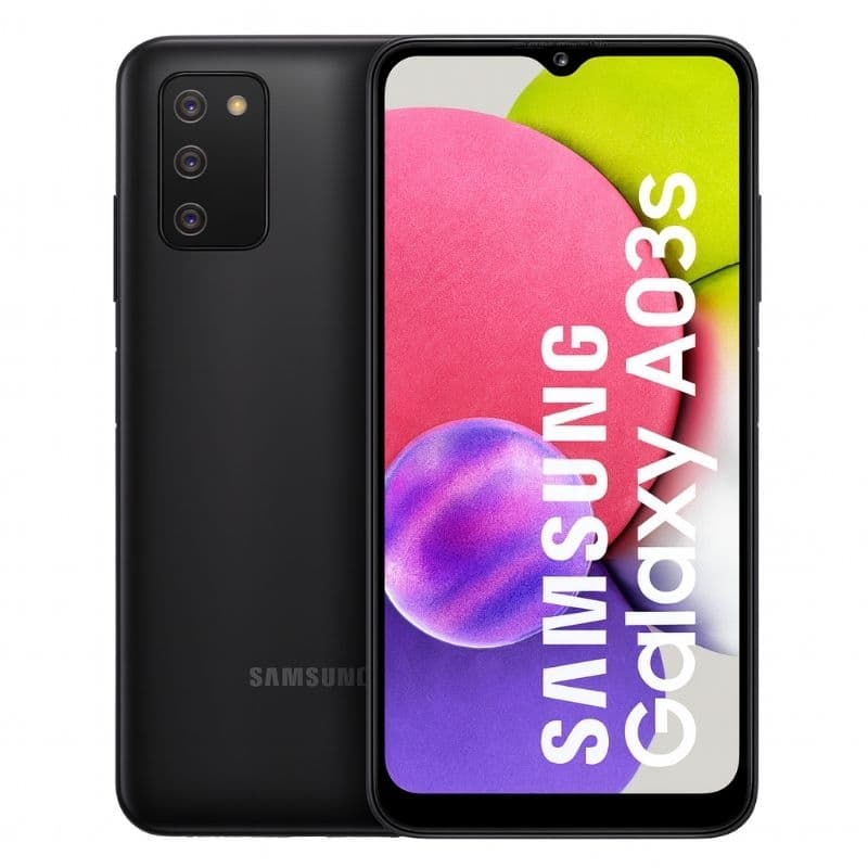 Celular Samsung Galaxy A03s preto com tela de bolhas coloridas