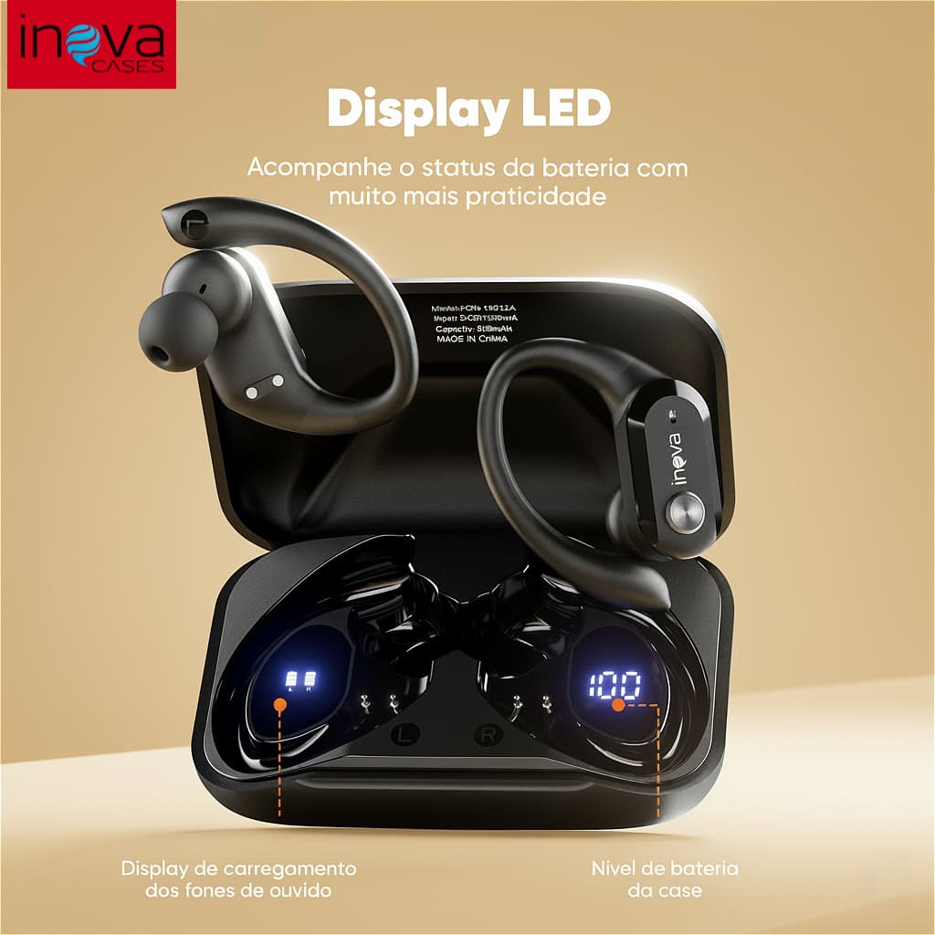 Fones de ouvido sem fio INOVA com display LED, preto, em embalagem de carregamento
