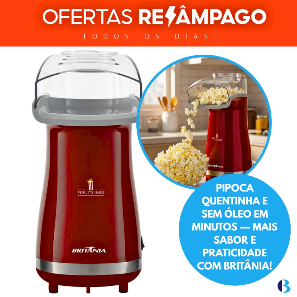Pipoqueira Elétrica Britânia Poplite BPI01 127V Vermelha - Rápida, Saudável e Faz Pipoca Sem Óleo!