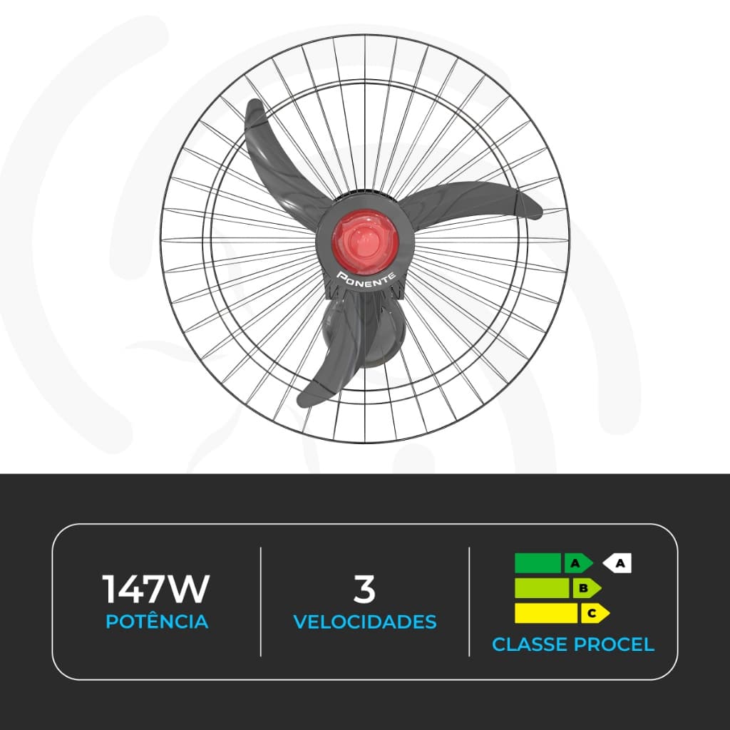 Ventilador de parede oscilante Good 60cm aço preto com potência de 147W, três velocidades e classe procel A