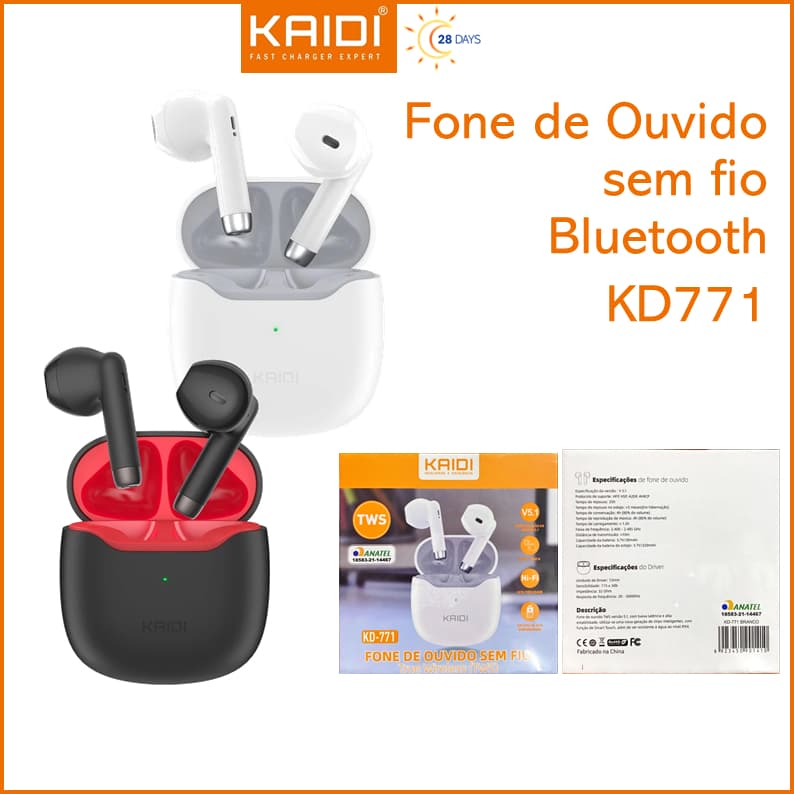 Fones de Ouvido Bluetooth TWS Kaidi KD-771 Branco e Preto com Resistência à Água IPX4
