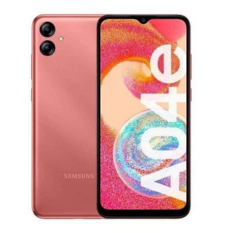 Smartphone Samsung Galaxy A04e cor rosa com câmera dupla e logotipo Samsung